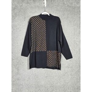 Vintage Karen Lessly Sweater Womens Size 2X Black Metallic Gold Check Mock Neck